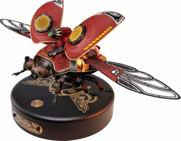 The Scout Beetle Mechanical Model by Robotime is a detailed DIY kit featuring a beautifully crafted beetle with intricate mechanical parts, vibrant red wings, and a steampunk design. It rests on a round black base and showcases high-quality craftsmanship, making it an engaging project for enthusiasts of mechanical puzzles.