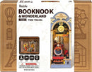 A DIY kit box for the Time Travel Book Nook by Robotime, featuring a detailed illustration of a vintage train and a clock, along with components for assembly. The packaging highlights the product's age recommendation of 14+, containing 194 pieces, and emphasizes the absence of glue or tools required for assembly.