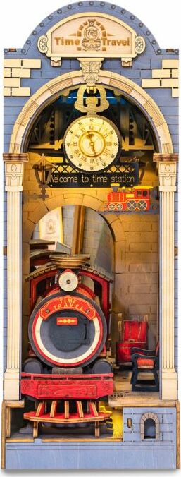 The Time Travel DIY Book Nook by Robotime features a detailed miniature scene of a vintage train station. It includes a vibrant red steam locomotive, a clock, and charming wooden accents that bring the time travel theme to life. This DIY kit invites creativity and craftsmanship, perfect for book lovers and model enthusiasts alike.