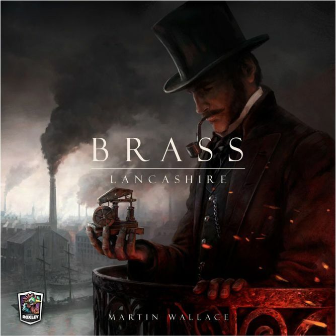 The cover of the board game 'Brass: Lancashire' by Roxley Games features a stylish man in a top hat and blazer, holding a miniature steam engine. Behind him, a smoky industrial landscape sets the scene for this historical strategy game. The game's title, 'BRASS', is prominently displayed in bold, elegant letters, with the subtitle 'Lancashire' beneath, capturing the essence of the industrial revolution.