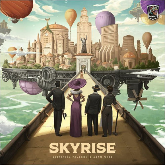 The board game 'Skyrise' by Roxley Games, featuring a group of elegantly dressed characters looking towards a fantastical cityscape with hot air balloons and intricate architecture. The game emphasizes strategy and intrigue with a captivating visual design.