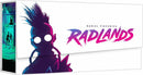 Radlands game box by Roxley Games featuring vibrant artwork. The design showcases a stylized character with spiky hair and a distinctive look, set against a bold color palette of pink and blue. The title 'RADLANDS' is prominently displayed in a striking font.