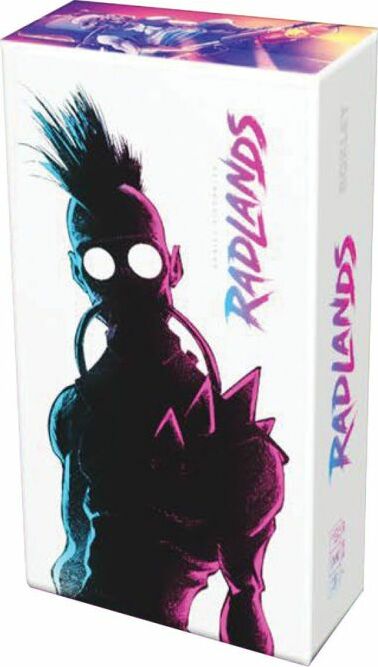 Radlands game box by Roxley Games featuring vibrant, stylized artwork of a character with a mohawk, glowing eyes, and a punk design. The title 'RADLANDS' is prominently displayed in bold letters, enhancing the edgy aesthetic.