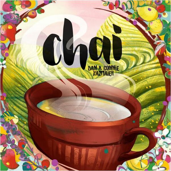 A vibrant and colorful board game cover featuring a steaming cup of chai tea nestled amidst stylized green tea leaves and decorative flowers. The title 'chai' is prominently displayed in playful typography, along with the names of the designers Dan and Connie Kazmaier.