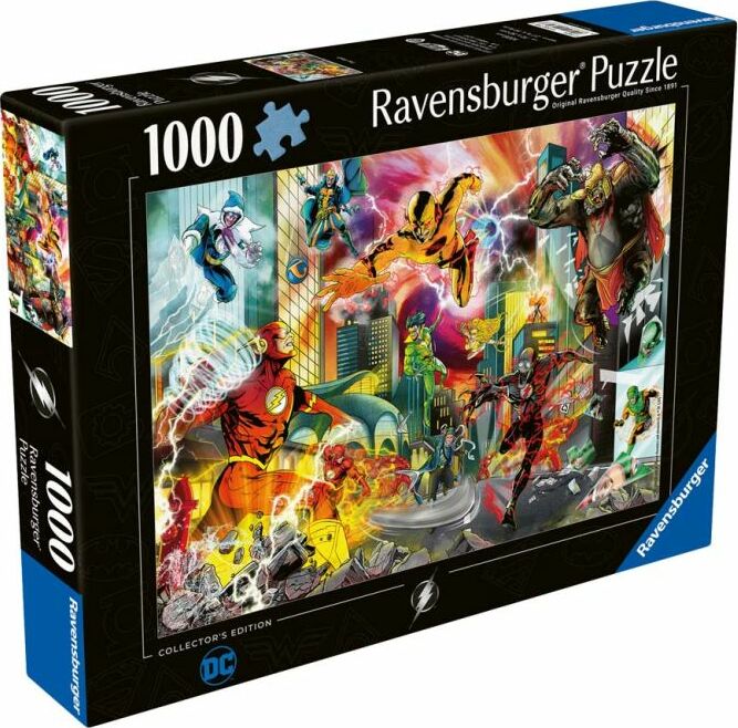 The Flash 1000 pc Jigsaw Puzzle by Ravensburger, featuring a vibrant comic-style illustration of superheroes battling in a dynamic urban setting. The box shows iconic characters like The Flash, adorned with electric effects and a colorful backdrop of city buildings.