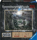 Ravensburger Midnight in the Garden Escape Puzzle box featuring a detailed jigsaw puzzle image of a mystical garden with statues, lush plants, and a grand mansion in the background. The image evokes a sense of mystery and enchantment, perfect for puzzle enthusiasts.
