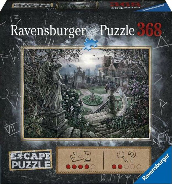 Ravensburger Midnight in the Garden Escape Puzzle box featuring a detailed jigsaw puzzle image of a mystical garden with statues, lush plants, and a grand mansion in the background. The image evokes a sense of mystery and enchantment, perfect for puzzle enthusiasts.
