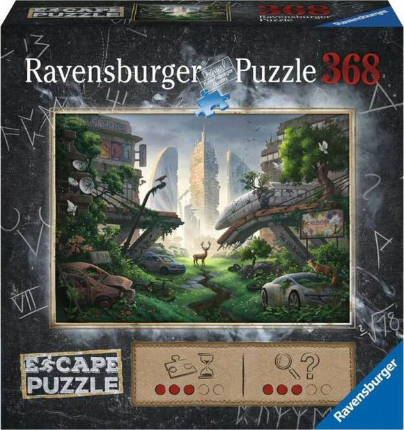 The Desolated City Escape Puzzle by Ravensburger features an intricate illustration of a post-apocalyptic cityscape. Lush greenery overtakes abandoned cars and crumbling buildings, showcasing a blend of nature and urban decay. The image invites puzzlers to explore the hidden narratives within the desolate streets and towering structures, promising a thrilling jigsaw experience.