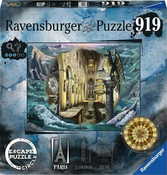 Escape the Circle: Paris jigsaw puzzle by Ravensburger, featuring a detailed image of an interior space adorned with statues, stonework, and atmospheric lighting. The puzzle illustrates a mysterious setting, enhancing the escape room experience with hints of adventure, framed by iconic landmarks in the corner, including the Eiffel Tower and landmarks representing London and Rome.