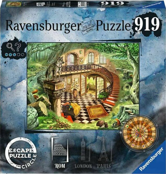 Escape the Circle: Rome jigsaw puzzle by Ravensburger featuring an illustrated scene of a grand staircase with a dog statue, surrounded by lush greenery and whimsical elements. The intricate design captures the essence of exploration and adventure, inviting puzzlers into a captivating world.