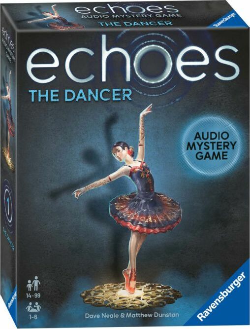 Echoes: The Dancer game box featuring a beautifully detailed image of a ballerina in mid-performance, showcasing an engaging design. The puzzle is aimed at players aged 14 and up, suitable for 1-6 players, promising a captivating audio mystery experience.