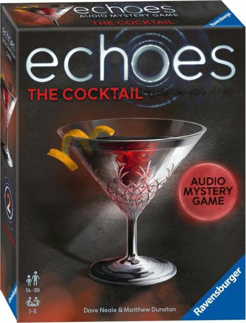 The Echoes: The Cocktail game by Ravensburger features a striking box design showcasing a sophisticated martini glass garnished with lemon twists and a cherry. This audio mystery game invites players aged 14 and up to engage in a thrilling 1-6 player experience, where they solve mysteries through soundscapes.