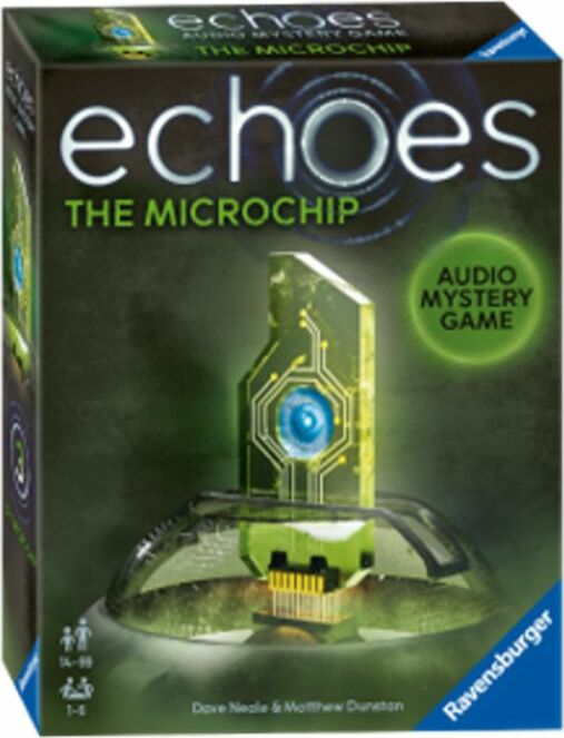Echoes: The Microchip is an audio mystery game by Ravensburger, featuring a unique microchip design on the box. Ideal for 1-8 players, ages 14+. The game combines immersive soundscapes and challenging puzzles.