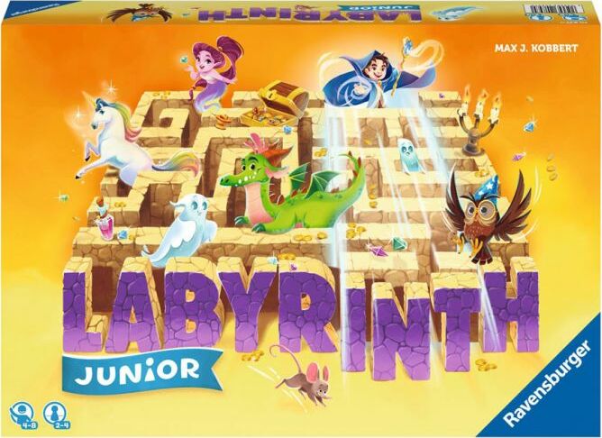 Labyrinth Jr. New Edition game by Ravensburger, featuring colorful characters like princesses, a dragon, and various creatures navigating a maze. The game box displays a vibrant design with treasure and enchanted themes, aimed at children aged 4 and above. Perfect for family game night, this children's strategy game encourages critical thinking and playful fun.