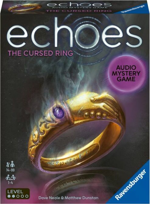 Product image of 'Echoes: The Cursed Ring' by Ravensburger. The box features a golden ring with a purple gem, and mysterious smoke effects in the background. It highlights the game type as an audio mystery game, suitable for 1-4 players and ages 14 and up.