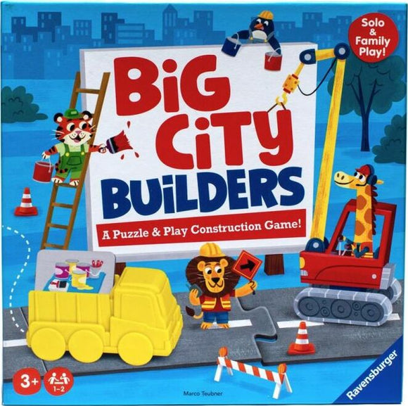 The 'Big City Builders' game by Ravensburger features colorful cartoon animals such as a lion, giraffe, and tiger engaged in various construction activities. The box displays a construction site scene with a yellow toy truck, construction cones, and playful graphics, highlighting the game's theme of building and creativity. It's suitable for solo and family play.