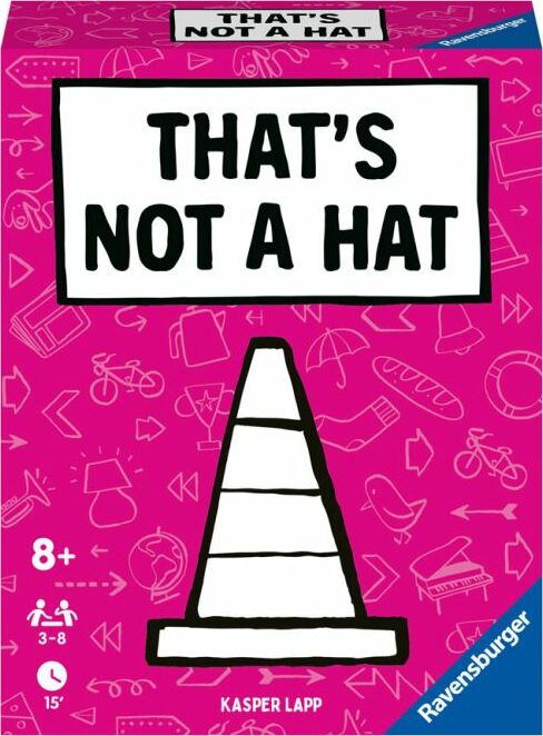 That's Not a Hat game by Ravensburger features a colorful box with a pink backdrop and playful graphics. The title is prominently displayed in bold black letters above a graphic of a traffic cone, emphasizing the fun and humorous nature of the game. Designed for ages 8 and up, it's suitable for 3 to 8 players and promises quick rounds of engaging play lasting around 15 minutes.