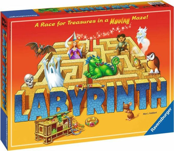 The game Labyrinth by Ravensburger features colorful illustrations on its box cover, showcasing a whimsical maze with characters like a dragon, ghost, and princess. It includes treasures and challenges depicted in a vibrant, engaging layout that invites players into a magical adventure.