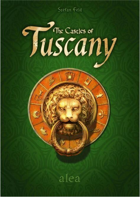 The Castles of Tuscany board game by Ravensburger featuring intricate artwork. The cover displays a lion door knocker against a rich green background, with decorative elements that evoke the charm of Tuscany's castles. Designed for strategic gameplay, this game invites players into a world of medieval intrigue.