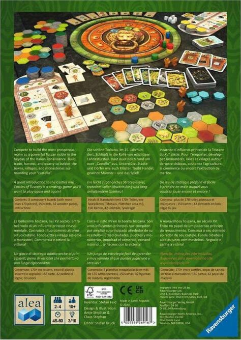 The Castles of Tuscany game by Ravensburger features a vibrant board with a circular design surrounded by hexagonal tiles and strategy cards. Various colorful components are arranged neatly, showcasing the game's medieval theme. Ideal for strategic gameplay for 2-4 players aged 10 and up, focusing on building and resource management.