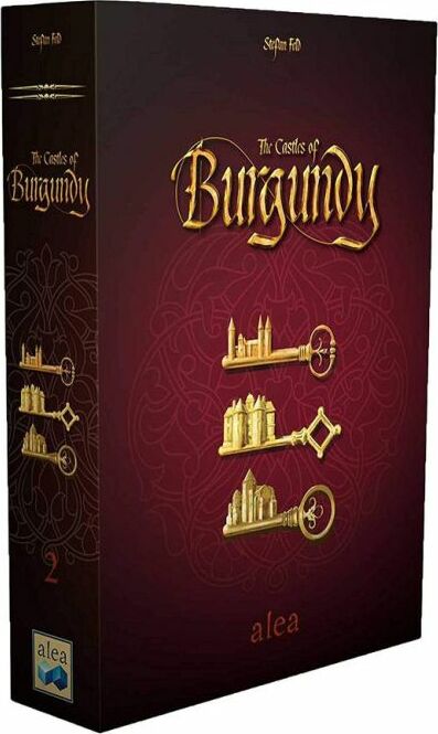 The Castles of Burgundy board game by Ravensburger, featuring an ornate box design in deep red with gold lettering. The front displays iconic elements from the game, including castles and keys, emphasizing strategic gameplay. Ideal for fans of board games who enjoy complex strategy and rich historical themes.