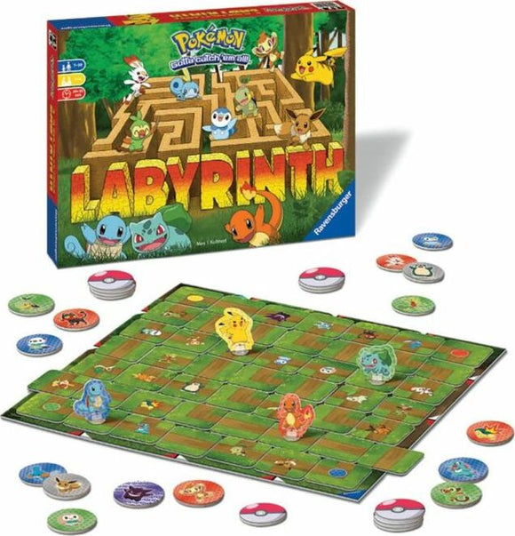 Labyrinth Pokémon game by Ravensburger. The image features the game box displaying iconic Pokémon characters and a colorful board with various tokens and characters, inviting players to navigate through the maze.
