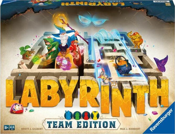 Labyrinth Team Edition board game by Ravensburger, featuring vibrant illustrations of characters and intricate pathways. The game box displays the dynamic layout of the labyrinth, emphasizing teamwork for players aged 8 and up.
