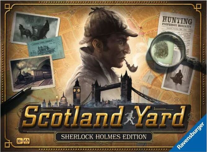 The Scotland Yard: Sherlock Holmes Edition board game by Ravensburger features a detailed illustration of Sherlock Holmes in a detective's hat, with an iconic London backdrop showcasing Big Ben and a shadowy figure. The packaging includes elements like a magnifying glass, photographs, and clues hinting at a mystery to solve, inviting players to immerse themselves in a thrilling whodunit experience.