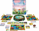 Mycelia board game by Ravensburger. The game features colorful tiles, cards, and resources laid out, with a whimsical box design showing vibrant forest scenery and mushroom characters. The central game board has a circular pond surrounded by various vibrant tiles, cards, and game pieces that enhance strategic gameplay.