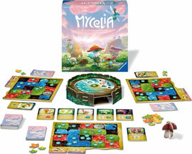 Mycelia board game by Ravensburger. The game features colorful tiles, cards, and resources laid out, with a whimsical box design showing vibrant forest scenery and mushroom characters. The central game board has a circular pond surrounded by various vibrant tiles, cards, and game pieces that enhance strategic gameplay.