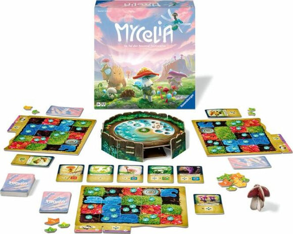 Mycelia board game by Ravensburger. The game features colorful tiles, cards, and resources laid out, with a whimsical box design showing vibrant forest scenery and mushroom characters. The central game board has a circular pond surrounded by various vibrant tiles, cards, and game pieces that enhance strategic gameplay.