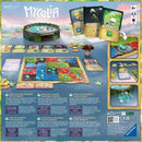 The Mycelia board game by Ravensburger features a colorful layout with vibrant tiles, cards, and a miniature mushroom piece. The game includes illustrations of a pond, lush flora, and unique cards depicting fantastical characters. It is designed for 1-4 players aged 9 and up, promising an immersive gameplay experience in the enchanting world of Mycelia.