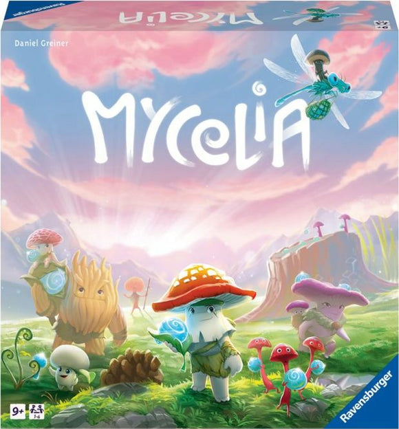 The game Mycelia by Ravensburger features whimsical forest characters, including a mushroom creature and a wise tree figure, set in a colorful, enchanted landscape with vibrant flora.