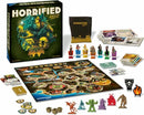 Horrified: American Monsters board game by Ravensburger features a colorful game box, detailed game board, character miniatures, and various game cards. The setup includes a variety of monster figures, a game board with locations, and components such as dice, cards, and player pieces, suitable for ages 10 and up.