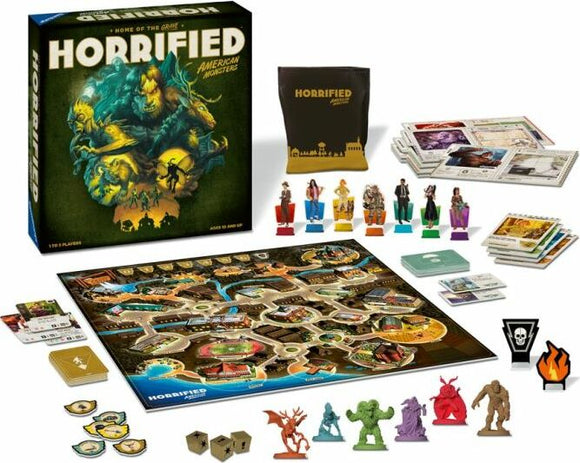Horrified: American Monsters board game by Ravensburger features a colorful game box, detailed game board, character miniatures, and various game cards. The setup includes a variety of monster figures, a game board with locations, and components such as dice, cards, and player pieces, suitable for ages 10 and up.