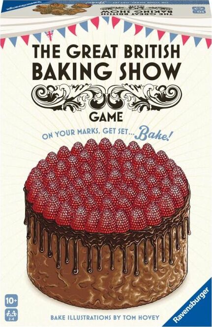 The Great British Baking Show game by Ravensburger featuring a vibrant cover illustration of a decadent cake topped with red raspberries. The design includes playful elements like colorful bunting and the phrase 'On Your Marks, Get Set... Bake!' making it an enticing addition for baking fans and game lovers alike.