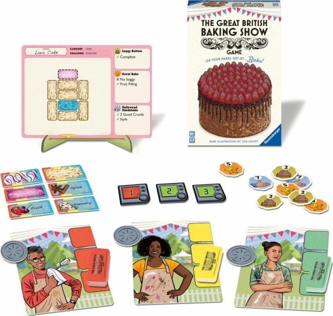 The Great British Baking Show game by Ravensburger features a colorful box with an illustration of a cake topped with berries. Surrounding the box are game components, including challenge cards, score tokens, and character cards depicting bakers. The setup shows a Lava Cake challenge on a stand, showcasing the game's engaging baking-themed gameplay.