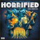 The game 'Horrified: Greek Monsters' by Think Fun features colorful artwork showcasing mythical Greek creatures such as Minotaur, Cerberus, and others surrounding a central temple. The bold title is prominently displayed at the top, with the tagline 'All Hades Breaks Loose!' enhancing the theme of adventure and mystery. Suitable for ages 10 and up, this cooperative board game invites players to strategize against legendary foes.