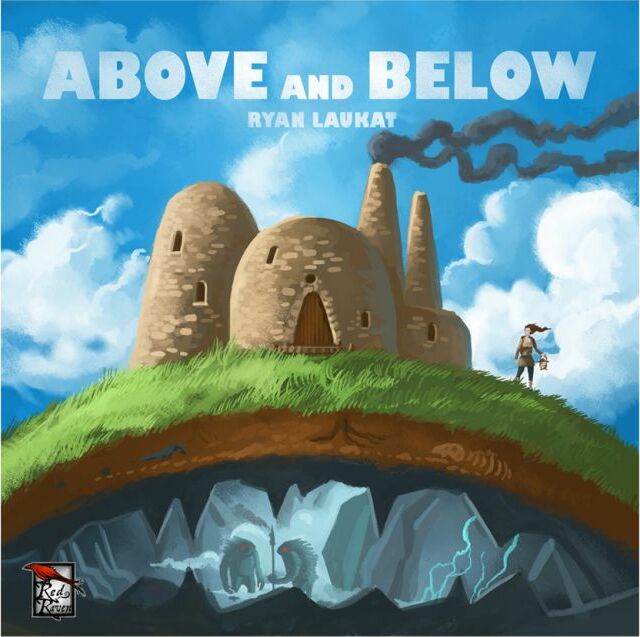 The game 'Above and Below' by Red Raven features an enchanting cover illustration. It depicts a whimsical landscape with a grassy hill showcasing a unique stone structure resembling a fortress above ground, while below, a mysterious cave with shadowy figures can be seen. The sky is bright blue with fluffy clouds, creating an inviting atmosphere for gameplay.