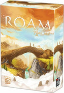 The game 'Roam' by RED RAVEN GAMES features a beautifully illustrated box showcasing a fantasy landscape with a majestic arch bridge, mountains, and vibrant colors. The title 'ROAM' is prominently displayed in an elegant font at the top, while the artist's name, Ryan Laukat, is written in a stylish manner. This engaging board game invites players to explore and embark on exciting adventures.