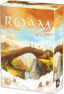 The game 'Roam' by RED RAVEN GAMES features a beautifully illustrated box showcasing a fantasy landscape with a majestic arch bridge, mountains, and vibrant colors. The title 'ROAM' is prominently displayed in an elegant font at the top, while the artist's name, Ryan Laukat, is written in a stylish manner. This engaging board game invites players to explore and embark on exciting adventures.