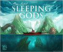 The cover art for the board game 'Sleeping Gods' by RED RAVEN GAMES features a striking illustration of a ship navigating through a vibrant ocean. Above the water, lush green mountains rise, while below, hints of mythical creatures and mysterious hands emerge from the depths, creating an enchanting adventure theme.