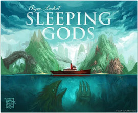 The cover art for the board game 'Sleeping Gods' by RED RAVEN GAMES features a striking illustration of a ship navigating through a vibrant ocean. Above the water, lush green mountains rise, while below, hints of mythical creatures and mysterious hands emerge from the depths, creating an enchanting adventure theme.