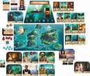 A colorful board game setup for 'Sleeping Gods' by RED RAVEN GAMES, featuring a detailed map, character cards, resources, and various game pieces, inviting players to explore and embark on adventures across islands while engaging in strategy and storytelling.