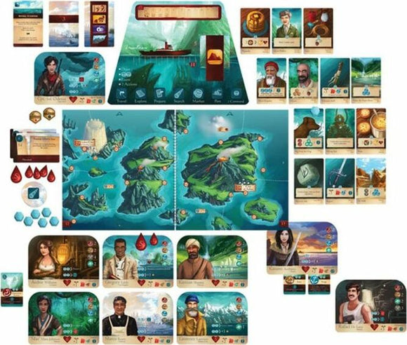 A colorful board game setup for 'Sleeping Gods' by RED RAVEN GAMES, featuring a detailed map, character cards, resources, and various game pieces, inviting players to explore and embark on adventures across islands while engaging in strategy and storytelling.