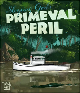 The cover of the board game 'Sleeping Gods: Primeval Peril' by Red Raven Games. It features a vintage-style illustration of a steam-powered boat navigating through a lush, green river landscape with trees and rocky outcrops. The game's title is prominently displayed in large, bold letters.
