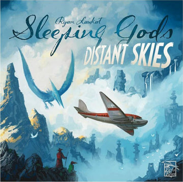 The cover art for 'Sleeping Gods: Distant Skies' by Red Raven Games, featuring a vintage aircraft flying through a surreal landscape with towering rock formations and a large blue creature soaring in the sky. Two figures stand on a ledge, gazing at the scenery, with a mystical atmosphere encompassing the scene.