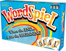 A vibrant game box for WordSpiel by Set Games. The box features a colorful design with the title prominently displayed in playful letters. Beneath the title, a tagline reads, 'Where the END... is just the BEGINNING®.' Several game cards with the word 'DEAL' are shown in the foreground, suggesting interactive play.