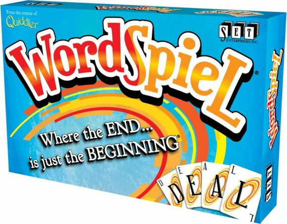 A vibrant game box for WordSpiel by Set Games. The box features a colorful design with the title prominently displayed in playful letters. Beneath the title, a tagline reads, 'Where the END... is just the BEGINNING®.' Several game cards with the word 'DEAL' are shown in the foreground, suggesting interactive play.
