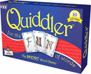 Quiddler box featuring the title and description for the game. The game is illustrated with colorful cards displaying the word 'FUN'. Quiddler is known as a short word game and has won over 20 awards.